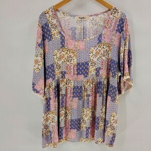 Haptics By Holly Harper Babydoll Top Size 1X Blue Pink Flowy Pullover Blouse